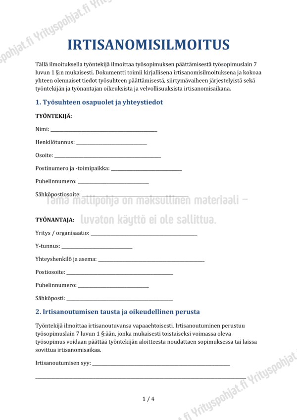 Irtisanomisilmoitus - Word & PDF Pohja