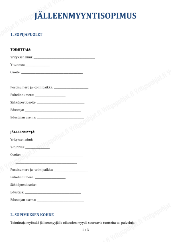 Jälleenmyyntisopimus - asiakirjapohja