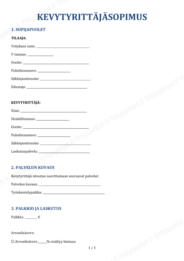 kevytyrittäjän sopimuspohja