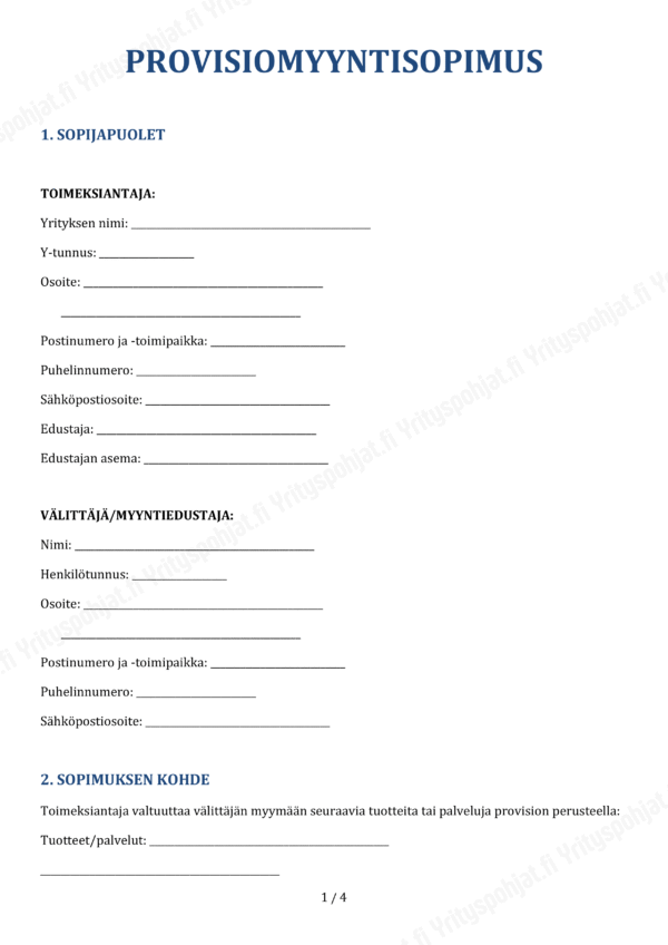 Provisiomyynti sopimuspohja word ja pdf