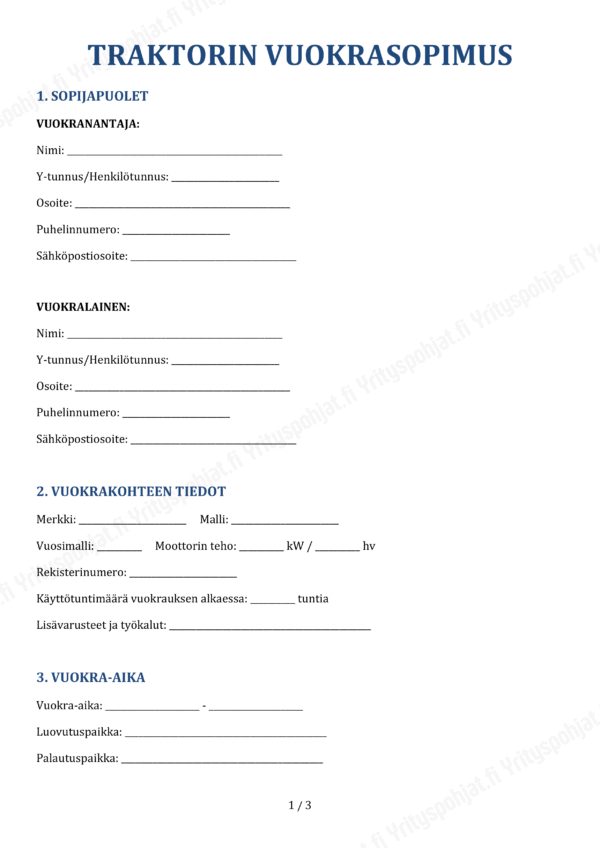 traktorin vuokrasopimuspohja