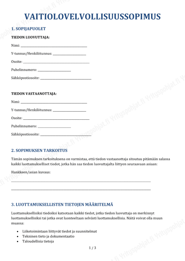 vaitiolovelvollisuus sopimuspohja