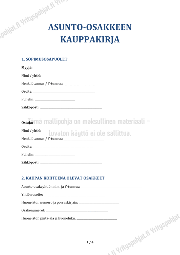 Asunto-osakkeen Kauppakirja - Muokattava Mallipohja