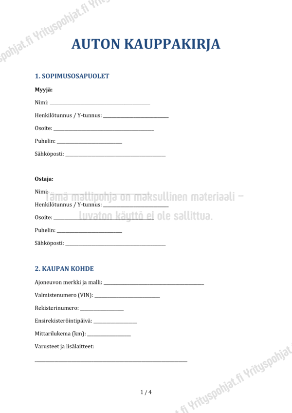 Auton Kauppakirja - Muokattava Mallipohja
