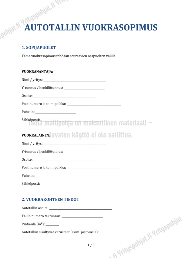 Autotallin Vuokrasopimus - Word ja PDF Mallipohja