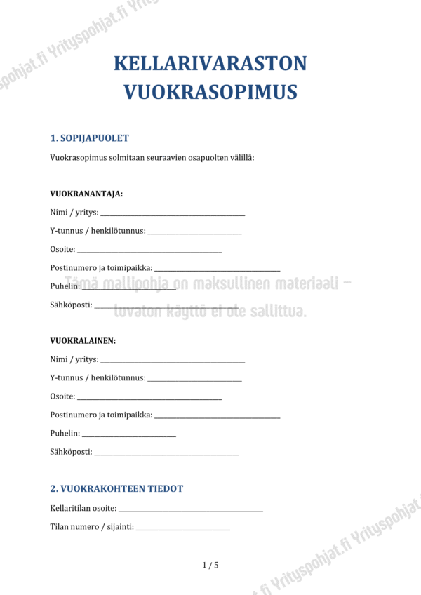 Kellarivaraston Vuokrasopimus - Muokattava Mallipohja