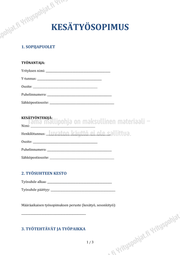 Kesätyösopimus - Word & PDF Mallipohja