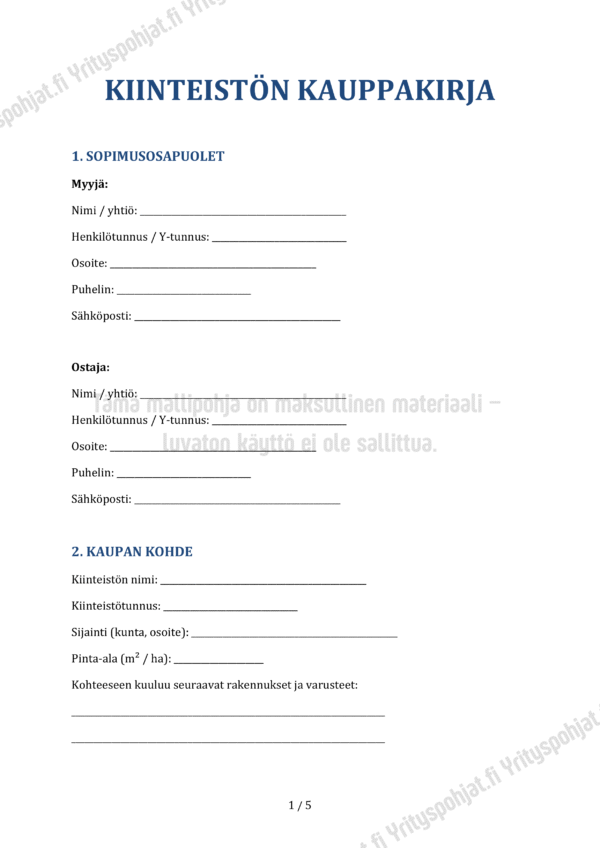 Kiinteistön Kauppakirja - Word ja PDF Mallipohja