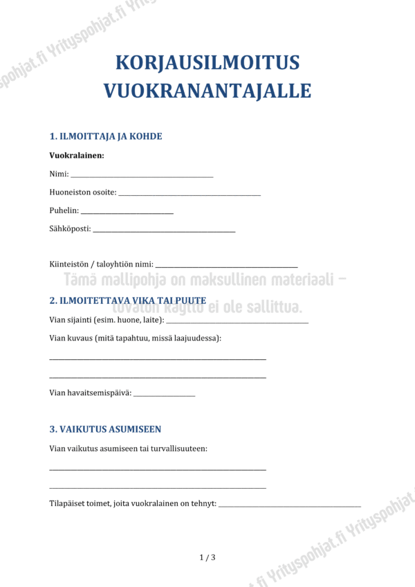 Korjausilmoitus Vuokranantajalle