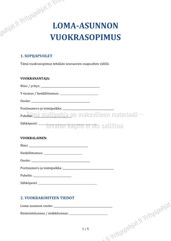 Loma-asunnon Vuokrasopimus - Muokattava Mallipohja