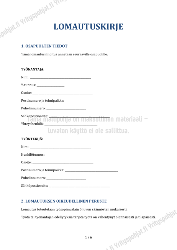 Lomautuskirje - Muokattava Mallipohja