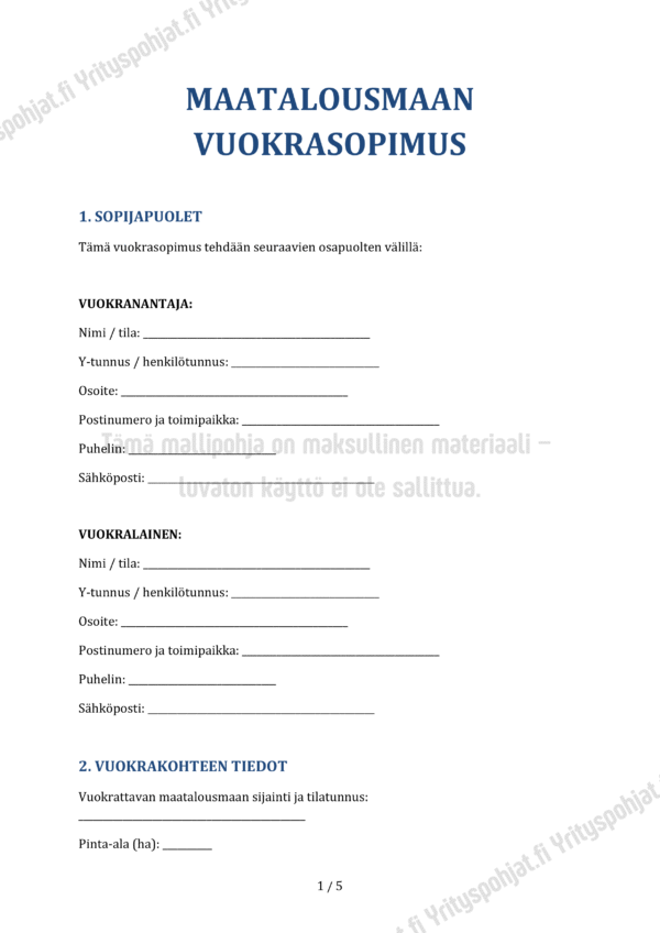 Maatalousmaan Vuokrasopimus - Muokattava Mallipohja