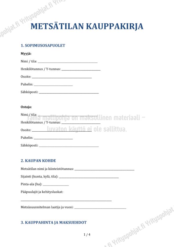 Metsätilakauppa - Metsän myynnin sopimuspohja
