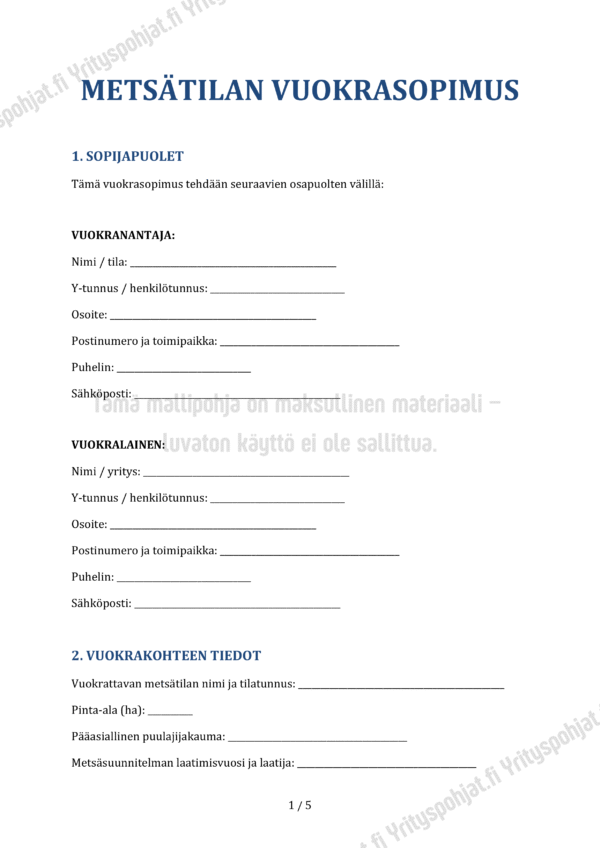 Metsätilan Vuokrasopimus - Metsän Vuokraaminen Mallipohja