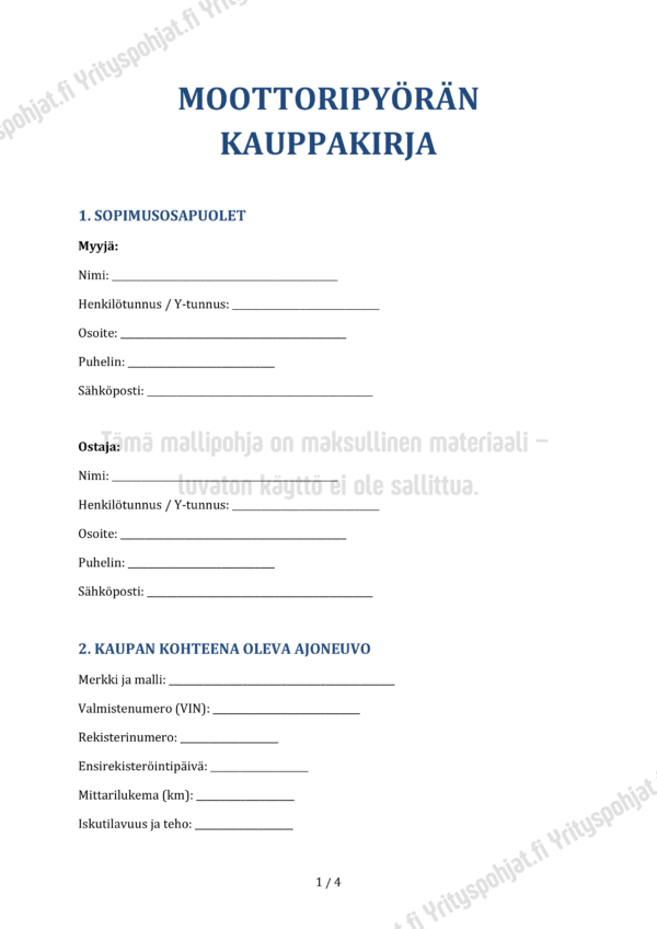 Moottoripyörän Kauppakirja - Muokattava Mallipohja