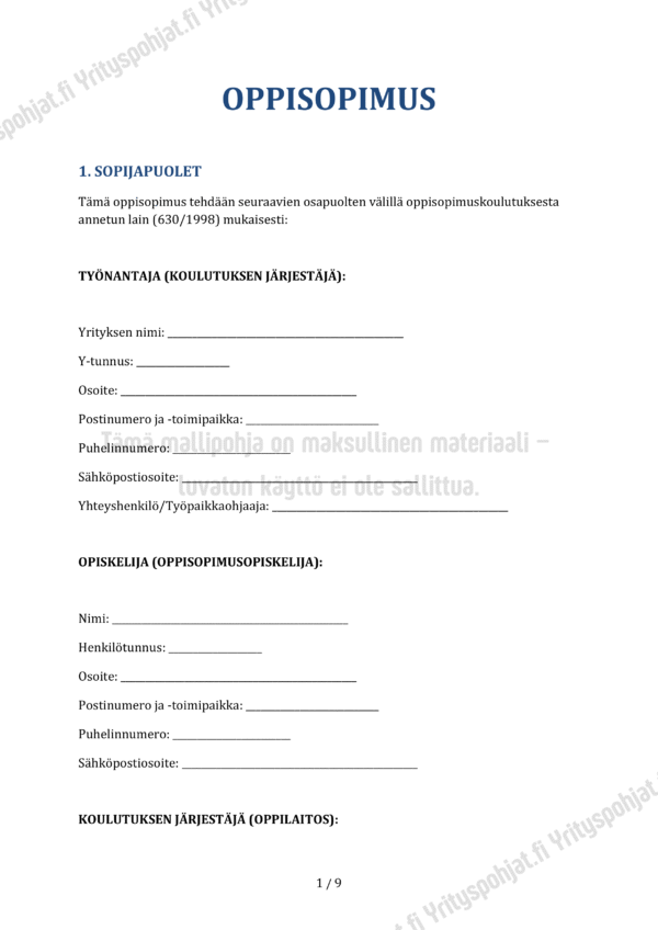 Oppisopimus - Muokattava Mallipohja