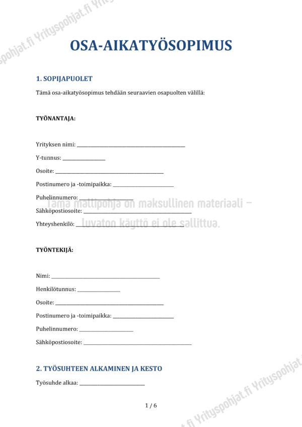 Osa-aikatyösopimus - Word & PDF Mallipohja