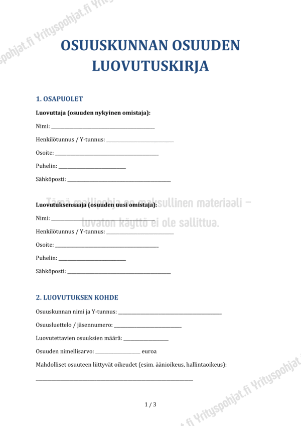 Osuuskunnan Osuuden Luovutuskirja Mallipohja