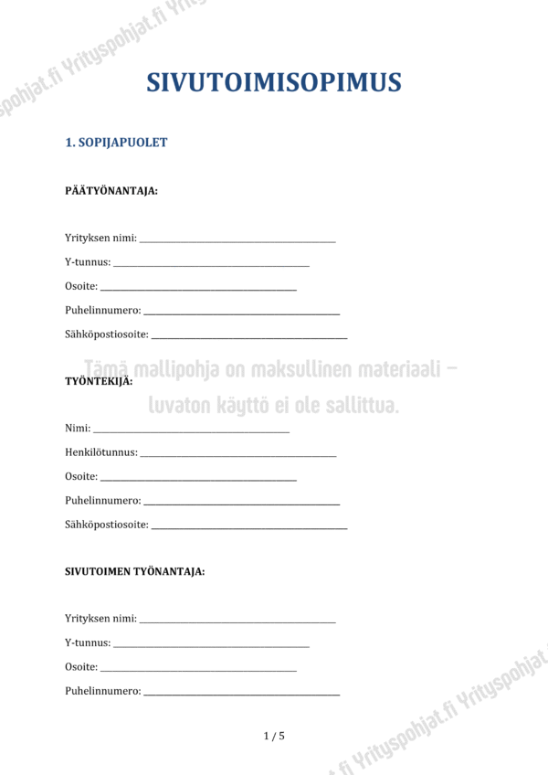 Sivutoimisopimus - Word & PDF Mallipohja