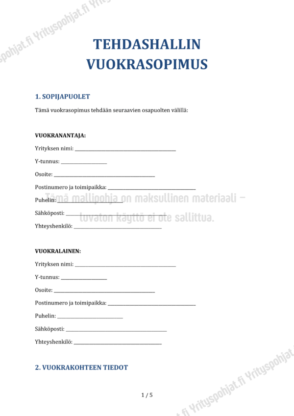 Tehdashallin Vuokrasopimus - Muokattava Mallipohja
